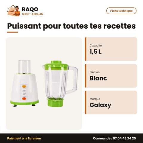 Mixeur 2EN1 Galaxy – 1.5L – Vert-Blanc – Bol Plastique | GLX-BL1005AK-CB - RAQO