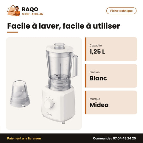 Mixeur Midea – Blanc – 1.25 L – Bocal de Broyage | MJ-BL6010W - RAQO