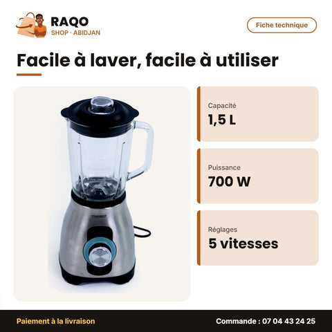 Mixeur Nasco 1.5 Litres 700W – Bocal en Verre – Plastic Body – 5 Vitesses | BL1703A-SA - RAQO