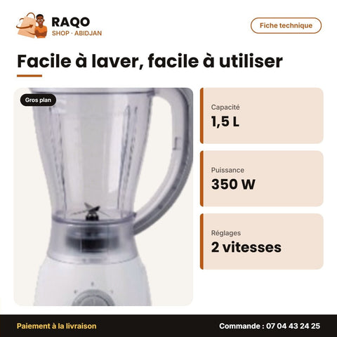 Mixeur Nasco 1.5L 350W Plastic Body – 2 Vitesses – Avec Bocal de Broyag – 4 | MIXER_BL9320K-GS - RAQO
