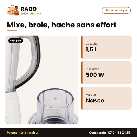 Mixeur Nasco 1.5L – 500W – Corps Plastique – Broyeur | BL9006AL-GS - RAQO