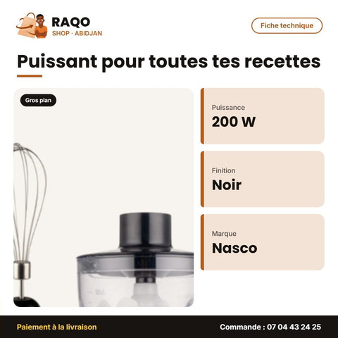 Mixeur Plongeant - à Main Nasco – 4 en 1 – 200W – Noir | NAS-HB3304-TMT - RAQO