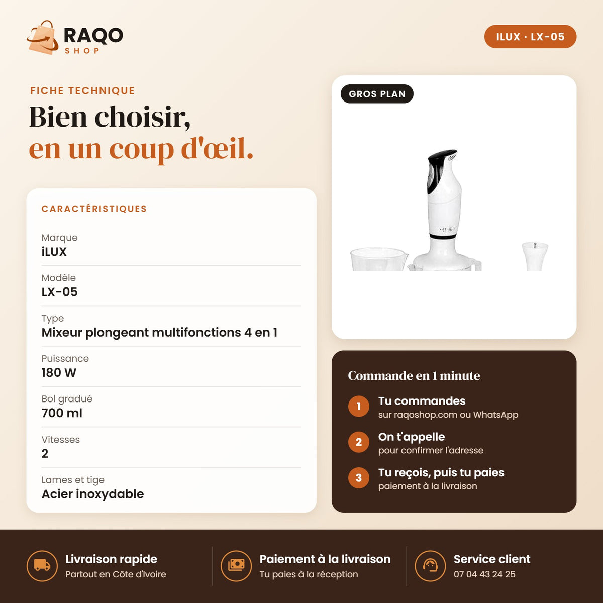 Mixeur Plongeant iLUX – 4 en 1 – 180 W – 700 ml - RAQO (fiche technique)