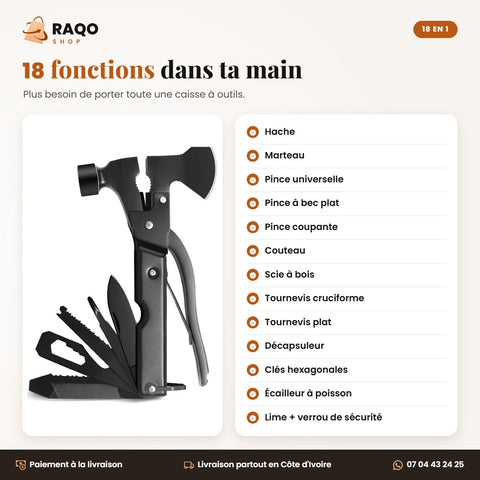 Les 18 fonctions du multi-outil : hache, marteau, pinces, couteau, scie, tournevis, décapsuleur, clés hexagonales