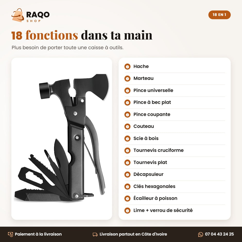 Les 18 fonctions du multi-outil : hache, marteau, pinces, couteau, scie, tournevis, décapsuleur, clés hexagonales