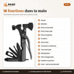 Les 18 fonctions du multi-outil : hache, marteau, pinces, couteau, scie, tournevis, décapsuleur, clés hexagonales