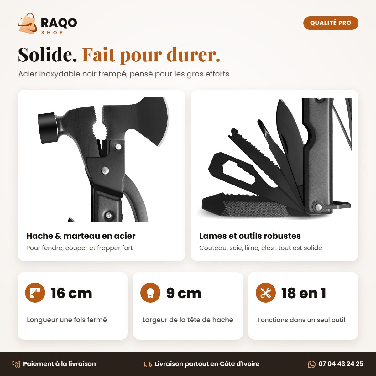 Multi-outil solide en acier inoxydable trempé : 16 cm fermé, tête de hache 9 cm