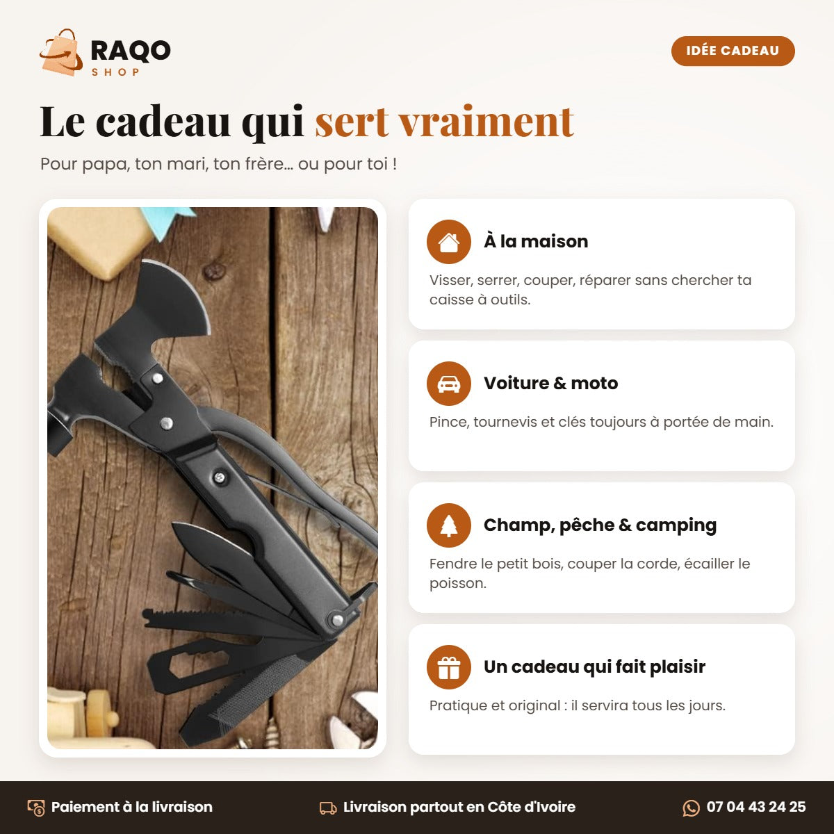 Idée cadeau homme : multi-outil pour la maison, la voiture, la pêche et le camping en Côte d'Ivoire
