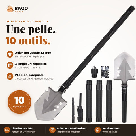 Pelle pliante multifonction 10-en-1 en acier inox avec kit complet – RAQO Shop Abidjan