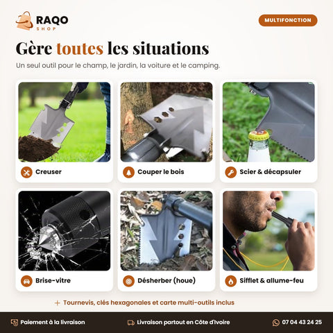 Pelle militaire multifonction : creuser, couper le bois, scier, décapsuler, brise-vitre, houe, sifflet