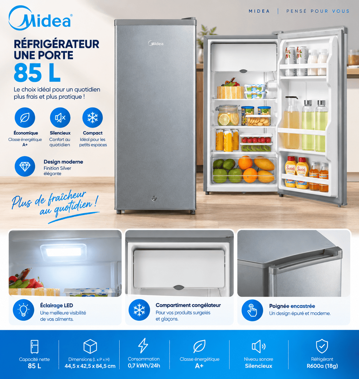 Petit Réfrigérateur Midea 85L 1 Porte Silver – MDRD133FGG50 - RAQO
