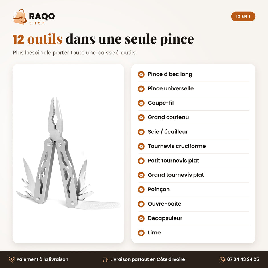 Les 12 outils de la pince multifonction : pinces, coupe-fil, couteau, scie, tournevis, poinçon, ouvre-boîte, décapsuleur, lime