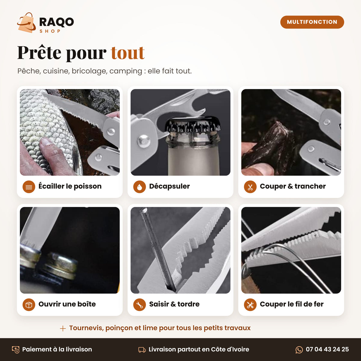 Pince multifonction en action : écailler le poisson, décapsuler, couper, ouvrir une boîte, couper le fil de fer