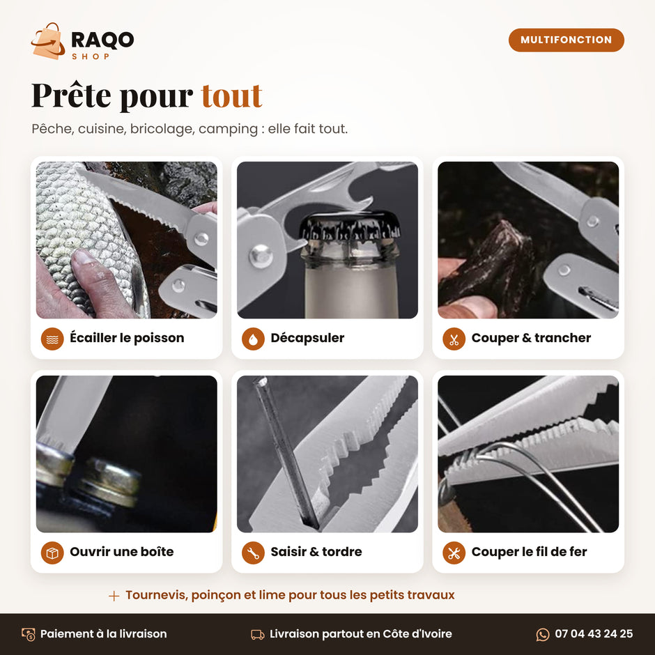 Pince multifonction en action : écailler le poisson, décapsuler, couper, ouvrir une boîte, couper le fil de fer