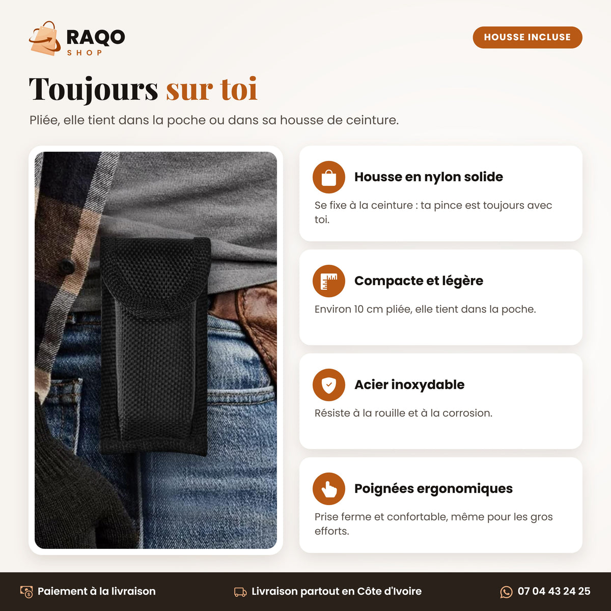 Pince multifonction compacte avec housse de ceinture en nylon