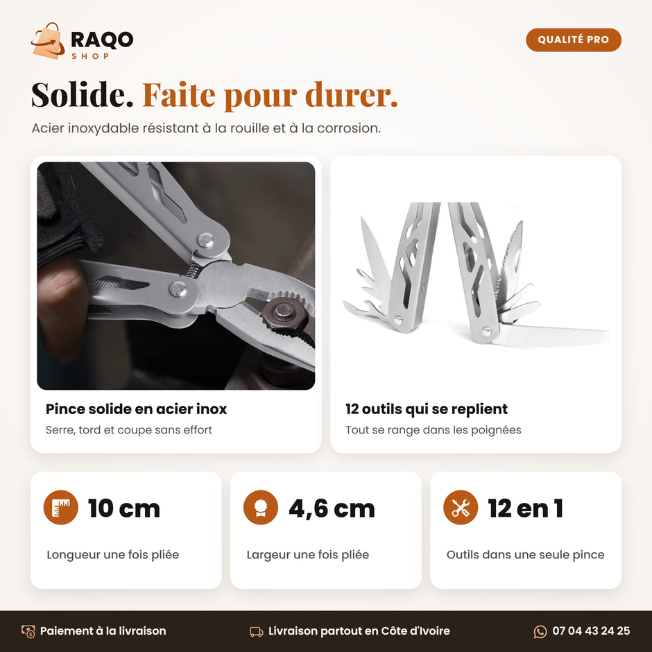 Pince multifonction solide en acier inox : 10 cm pliée, 12 outils