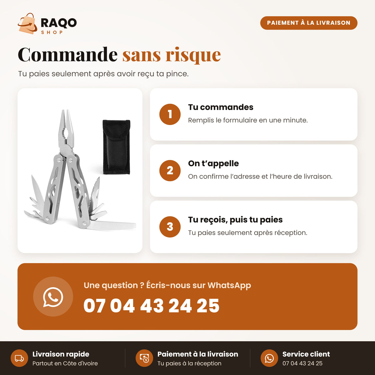 Commander la pince multifonction RAQO avec paiement à la livraison en Côte d'Ivoire – WhatsApp 07 04 43 24 25
