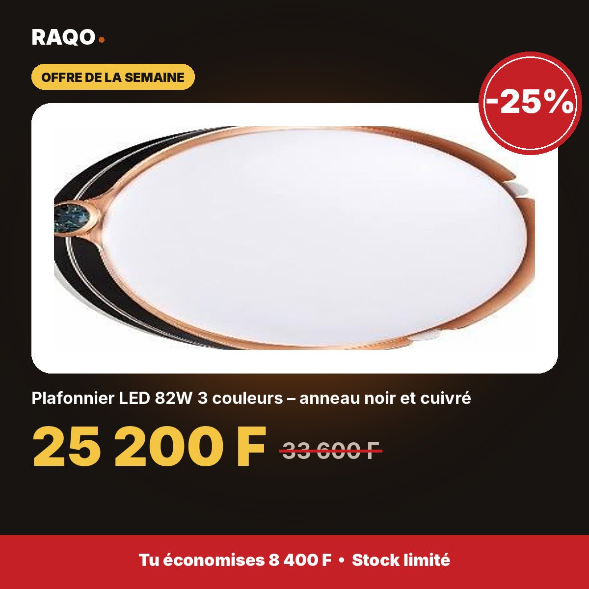 Plafonnier LED 82W 3 couleurs – anneau noir et cuivré | Akko Star - RAQO