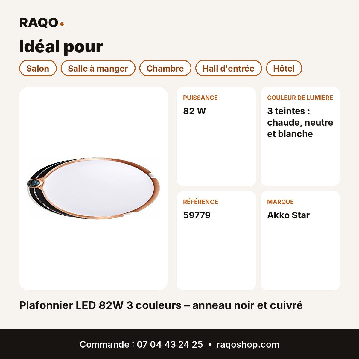 Plafonnier LED 82W 3 couleurs – anneau noir et cuivré | Akko Star - RAQO