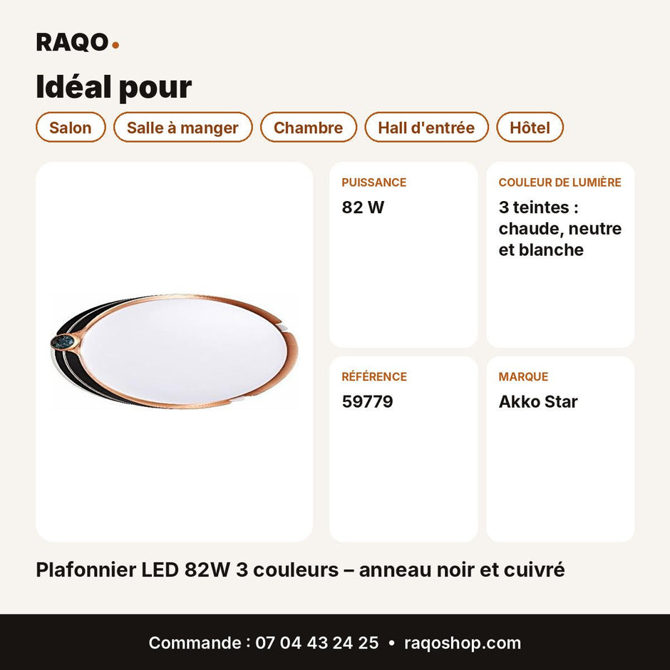 Plafonnier LED 82W 3 couleurs – anneau noir et cuivré | Akko Star - RAQO