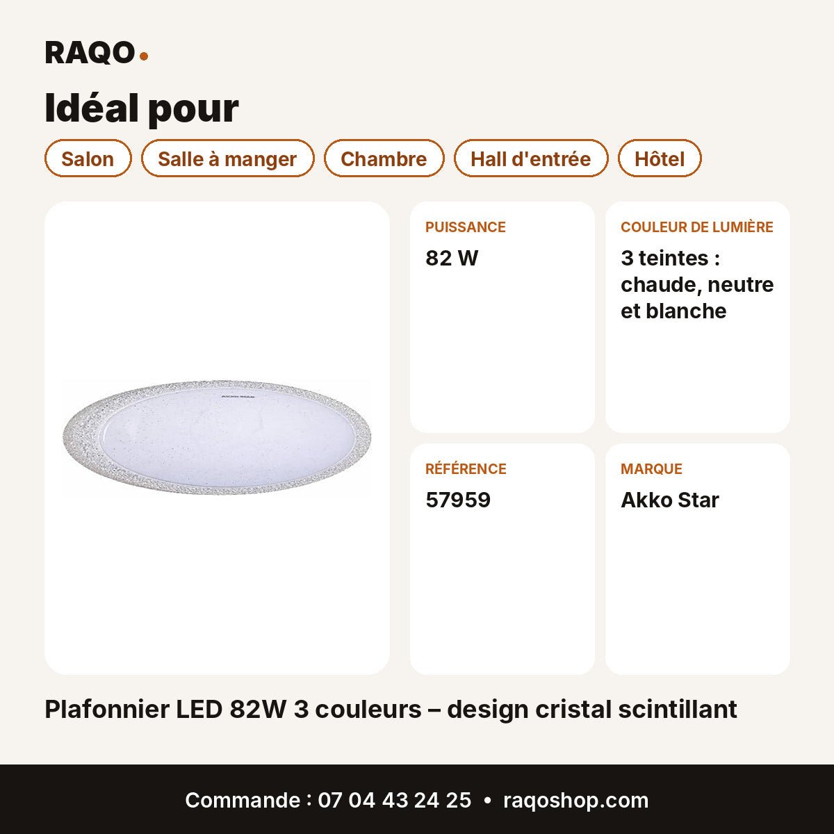 Plafonnier LED 82W 3 couleurs – design cristal scintillant | Akko Star - RAQO
