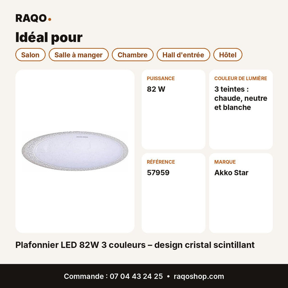 Plafonnier LED 82W 3 couleurs – design cristal scintillant | Akko Star - RAQO
