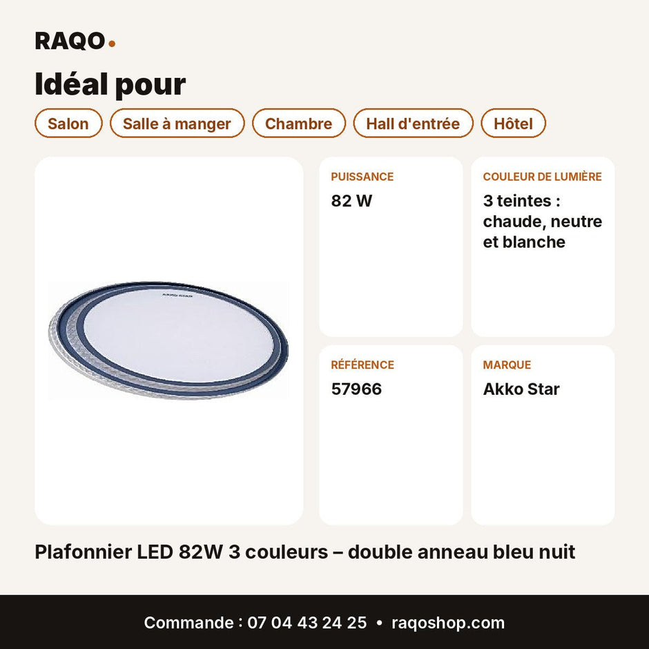 Plafonnier LED 82W 3 couleurs – double anneau bleu nuit | Akko Star - RAQO
