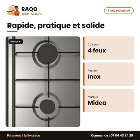 Plaque de Cuisson à Gaz Midea 4 F – Allumage Électrique – Acier Inox | GAZ_60G40ME402-SFT - RAQO