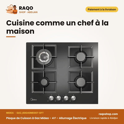 Plaque de Cuisson à Gaz Midea – 4 F – Allumage Électrique – Verre Noir | GAZ_60G40ME007-GFT