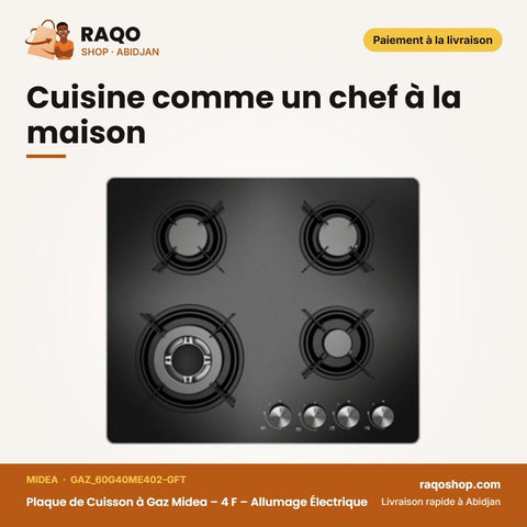 Plaque de Cuisson à Gaz Midea – 4 F – Allumage Électrique – Verre Noir | GAZ_60G40ME402-GFT - RAQO