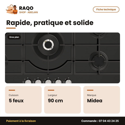 Plaque de Cuisson à Gaz Midea – 5 Feux – 90cm – Allumage Électrique | GAZ_90GQ095 - RAQO