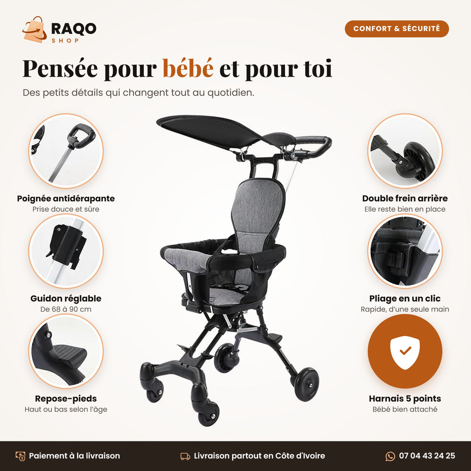 Détails de la poussette : poignée antidérapante, guidon réglable, repose-pieds, double frein, pliage en un clic, harnais 5 points