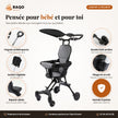 Détails de la poussette : poignée antidérapante, guidon réglable, repose-pieds, double frein, pliage en un clic, harnais 5 points