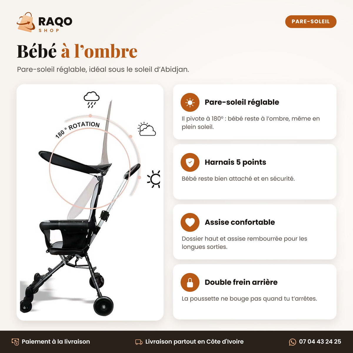 Poussette avec pare-soleil réglable 180° pour protéger bébé du soleil