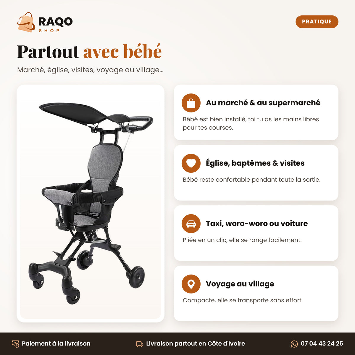 Poussette légère pour le marché, l'église, le taxi et le voyage en Côte d'Ivoire