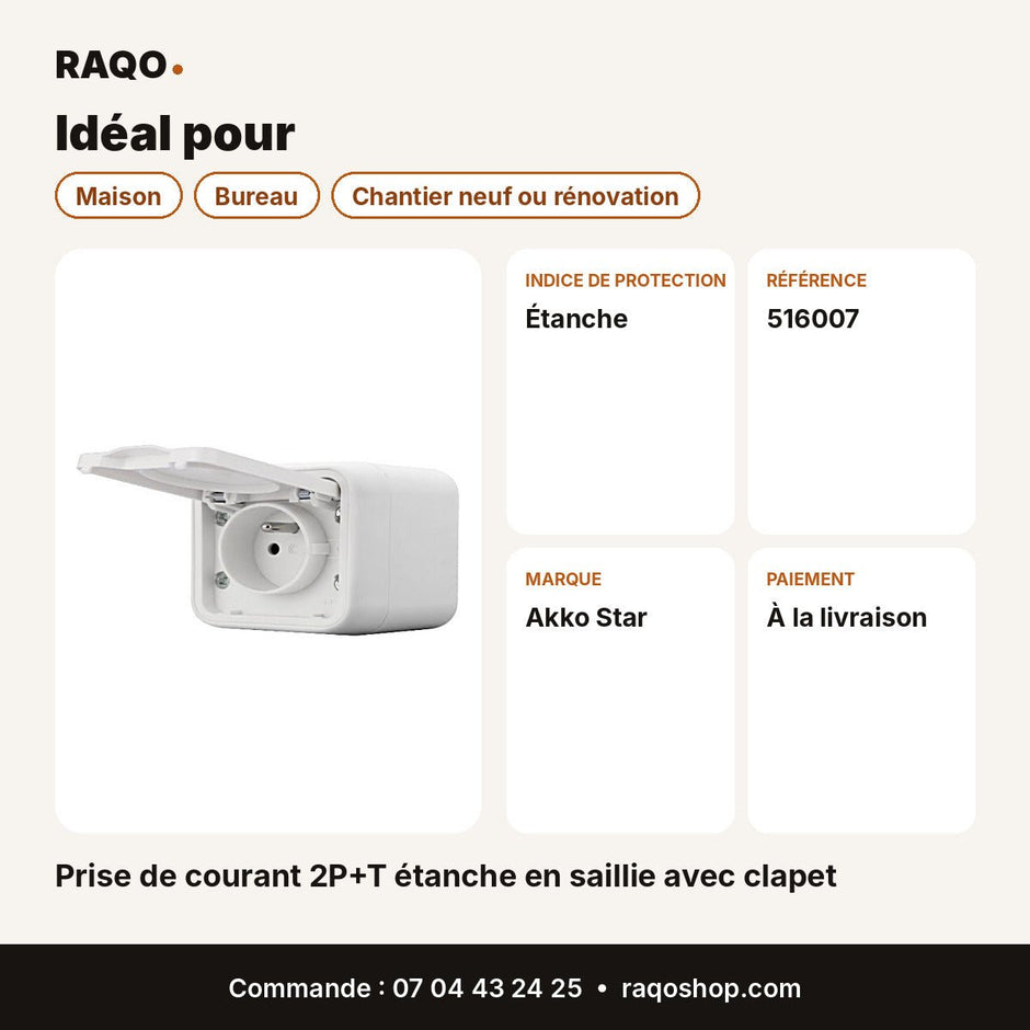 Prise de courant 2P+T étanche en saillie avec clapet | Akko Star - RAQO