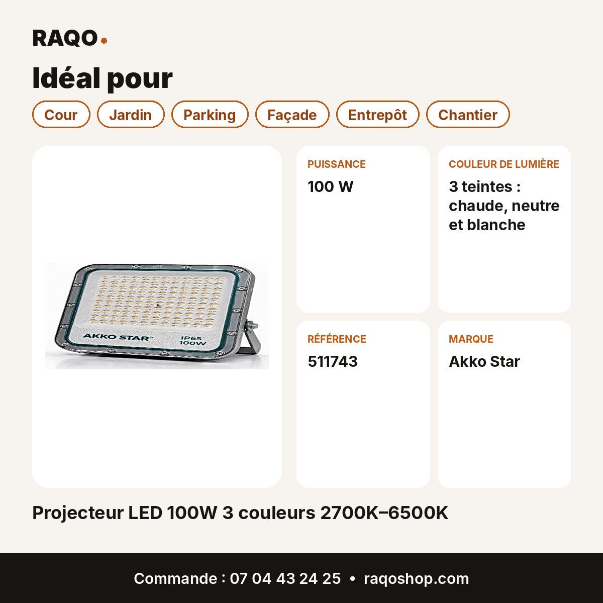 Projecteur LED 100W 3 couleurs 2700K–6500K | Akko Star - RAQO