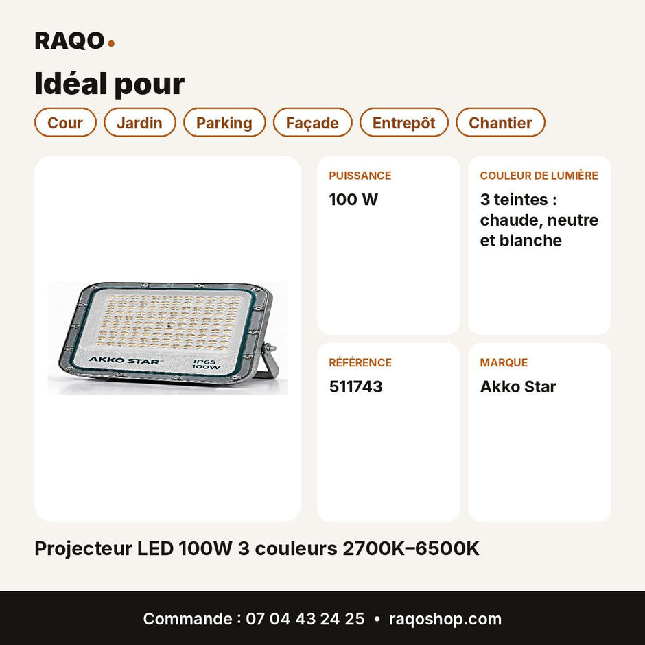 Projecteur LED 100W 3 couleurs 2700K–6500K | Akko Star - RAQO