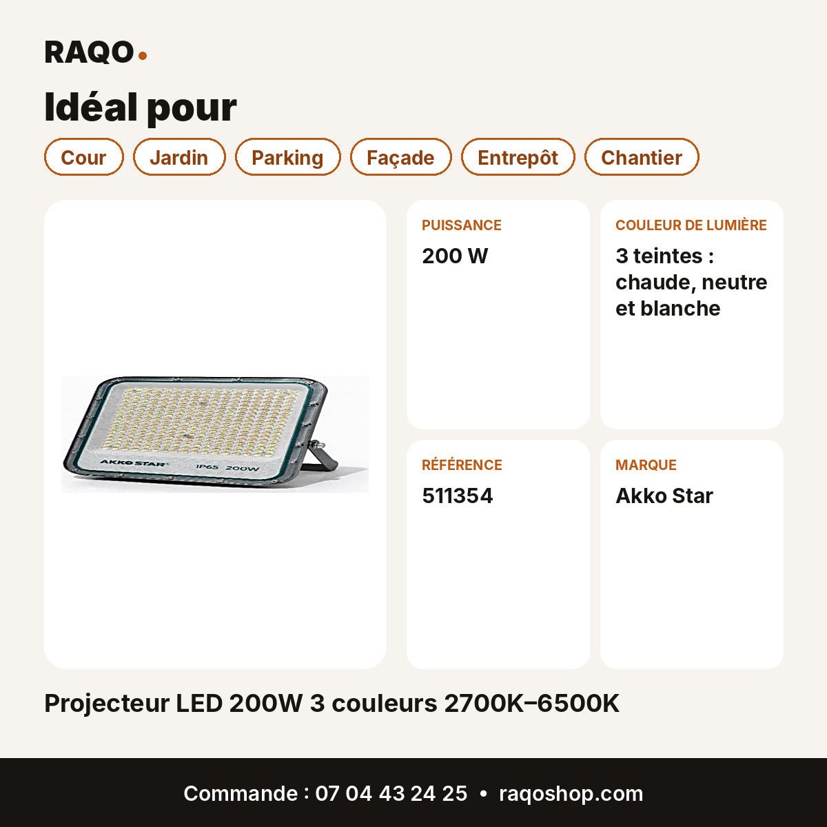 Projecteur LED 200W 3 couleurs 2700K–6500K | Akko Star - RAQO