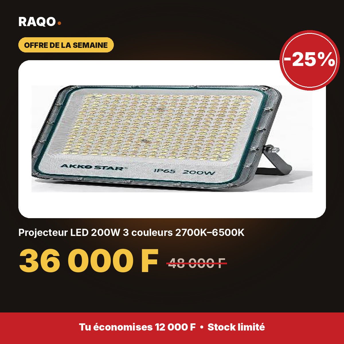 Projecteur LED 200W 3 couleurs 2700K–6500K | Akko Star - RAQO