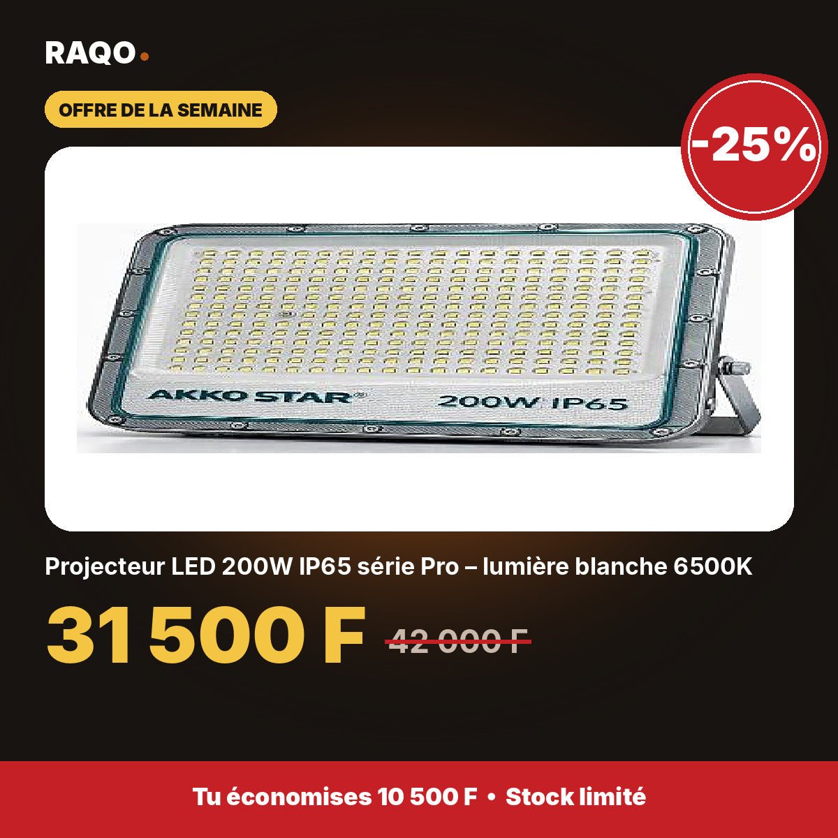 Projecteur LED 200W IP65 série Pro – lumière blanche 6500K | Akko Star - RAQO