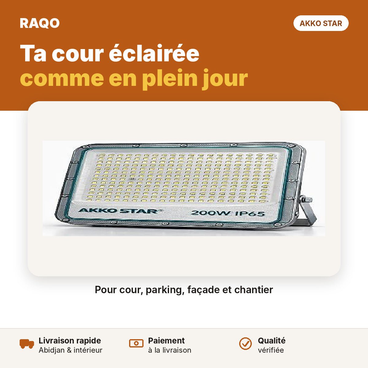 Projecteur LED 200W IP65 série Pro – lumière blanche 6500K | Akko Star - RAQO
