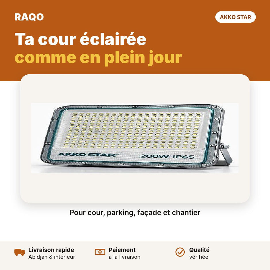 Projecteur LED 200W IP65 série Pro – lumière blanche 6500K | Akko Star - RAQO