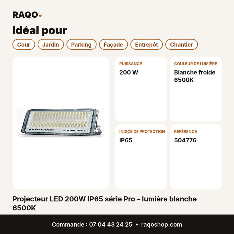 Projecteur LED 200W IP65 série Pro – lumière blanche 6500K | Akko Star - RAQO