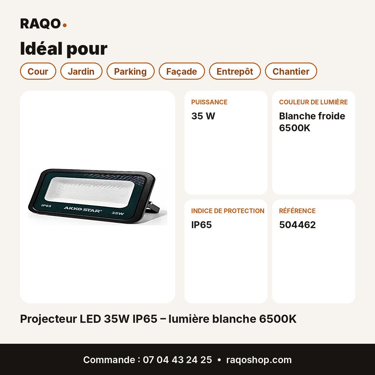Projecteur LED 35W IP65 – lumière blanche 6500K | Akko Star - RAQO