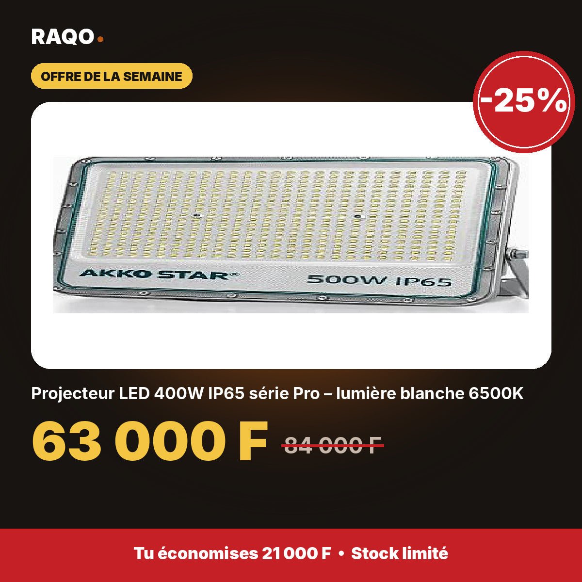Projecteur LED 400W IP65 série Pro – lumière blanche 6500K | Akko Star - RAQO