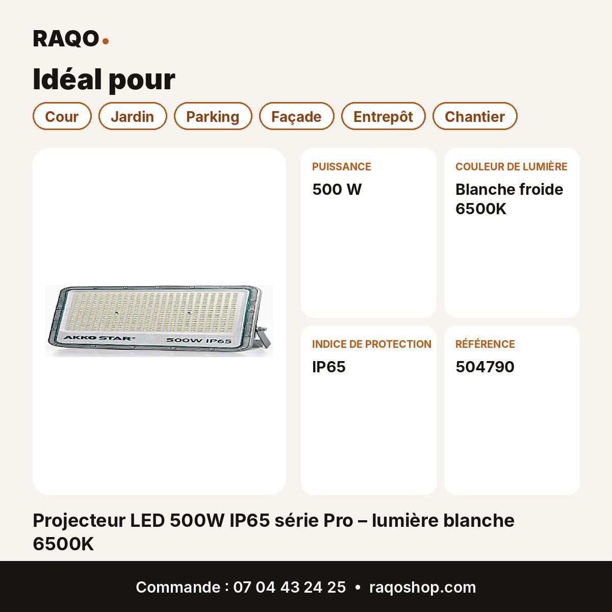 Projecteur LED 500W IP65 série Pro – lumière blanche 6500K | Akko Star - RAQO