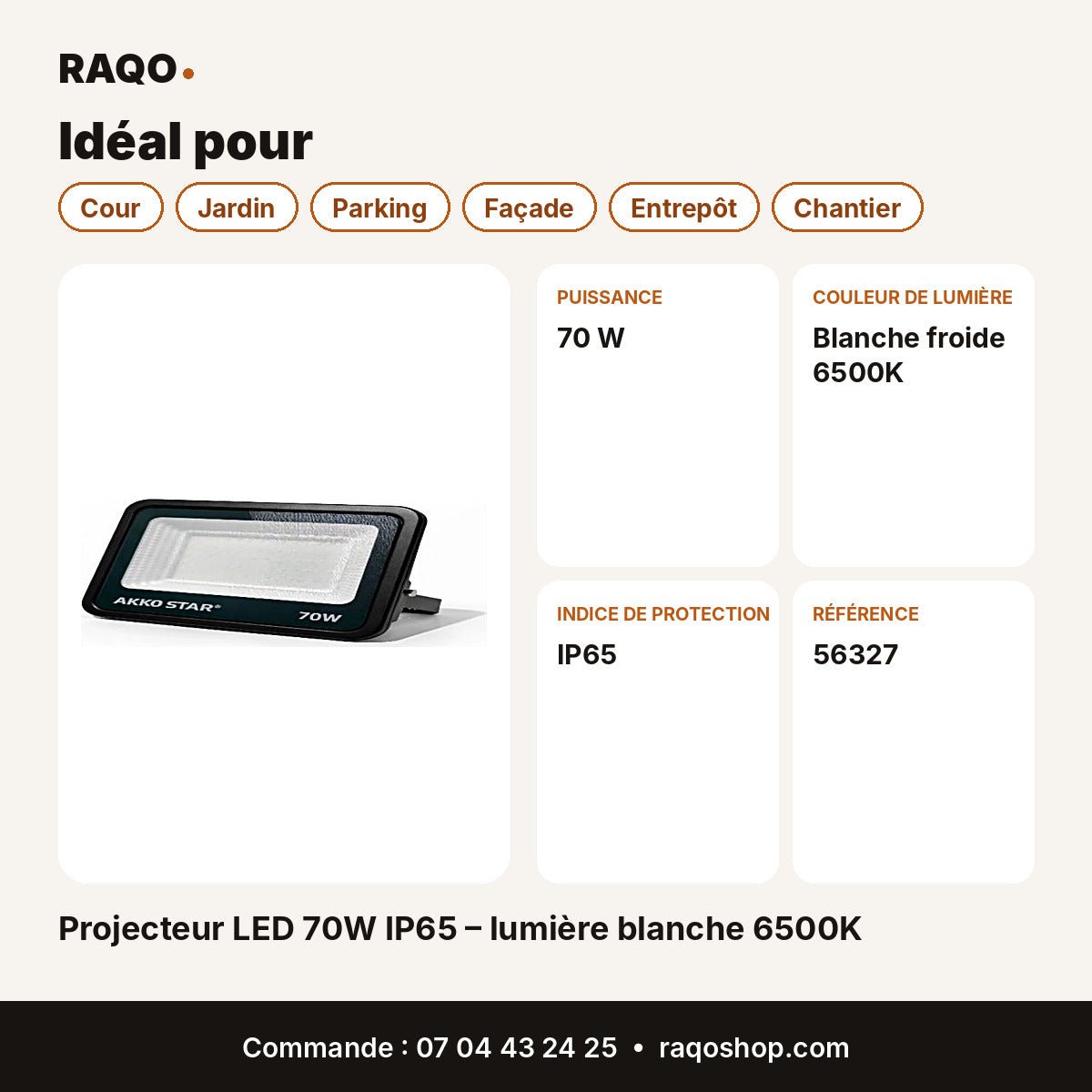 Projecteur LED 70W IP65 – lumière blanche 6500K | Akko Star - RAQO