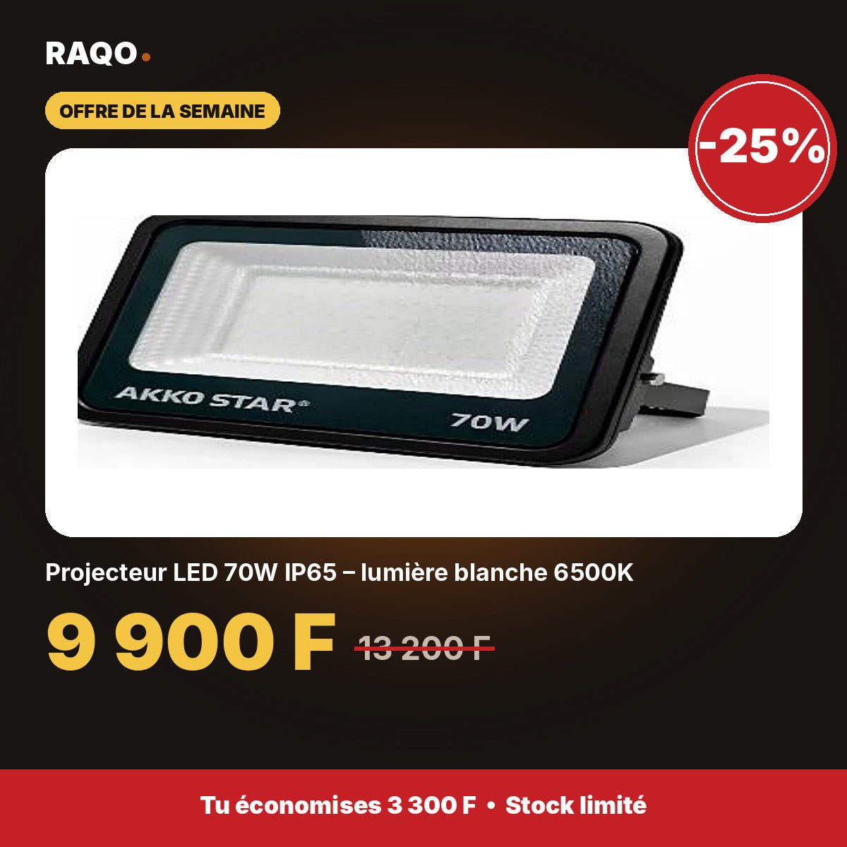 Projecteur LED 70W IP65 – lumière blanche 6500K | Akko Star - RAQO