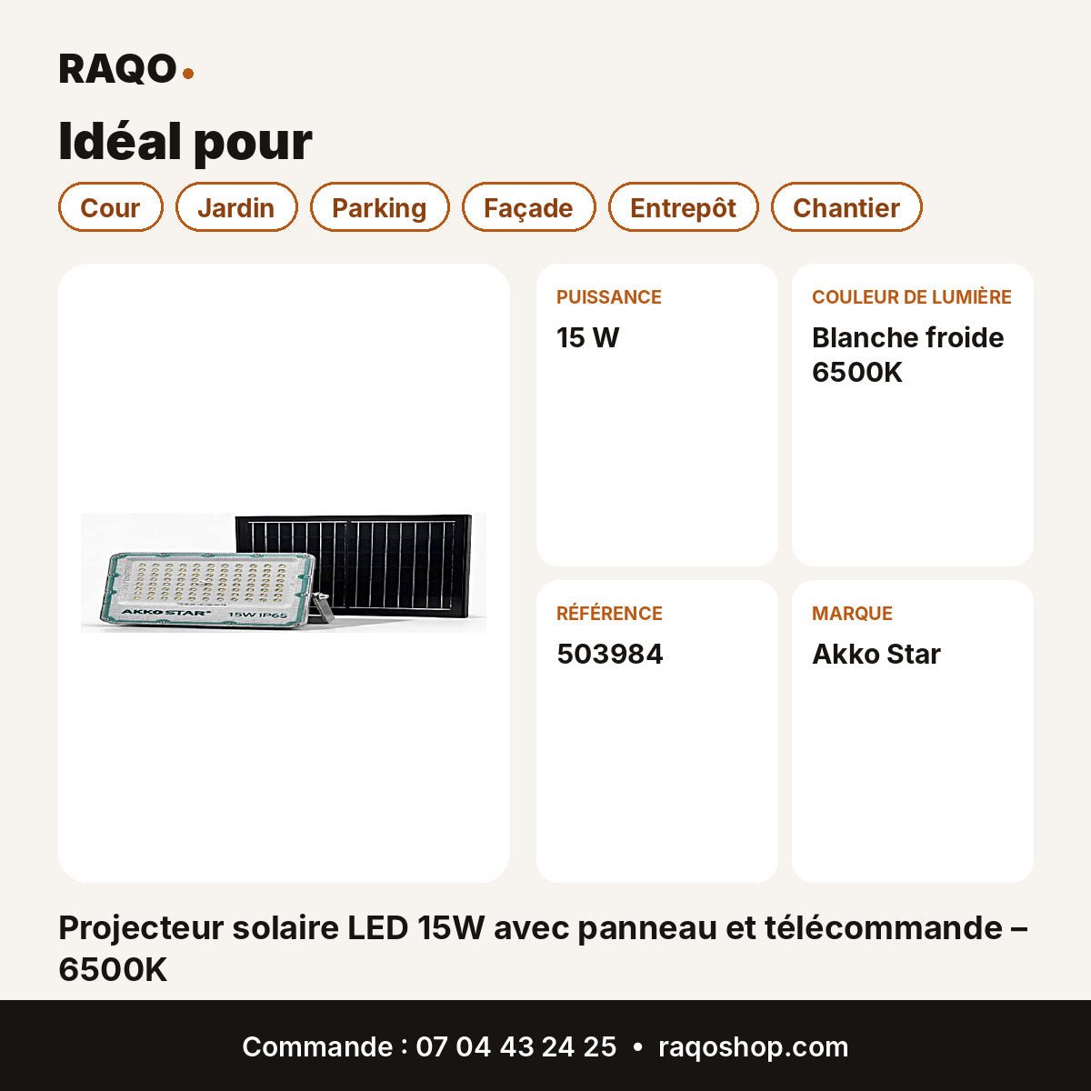 Projecteur solaire LED 15W avec panneau et télécommande – 6500K | Akko Star - RAQO